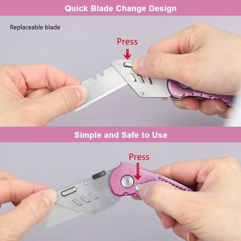 Vickay Box Cutter Utility Knife Heavy Duty with 5 SK5 Quick Change Blades, Safety Axis Lock Design Razor Knife, Lightweight Aluminum Body Belt Clip for Office (Pink) - Image 4